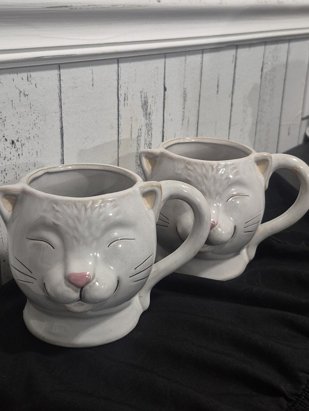 Boston Warehouse Trading Company Stoneware Cat Face Mugs - White with Pink Nose